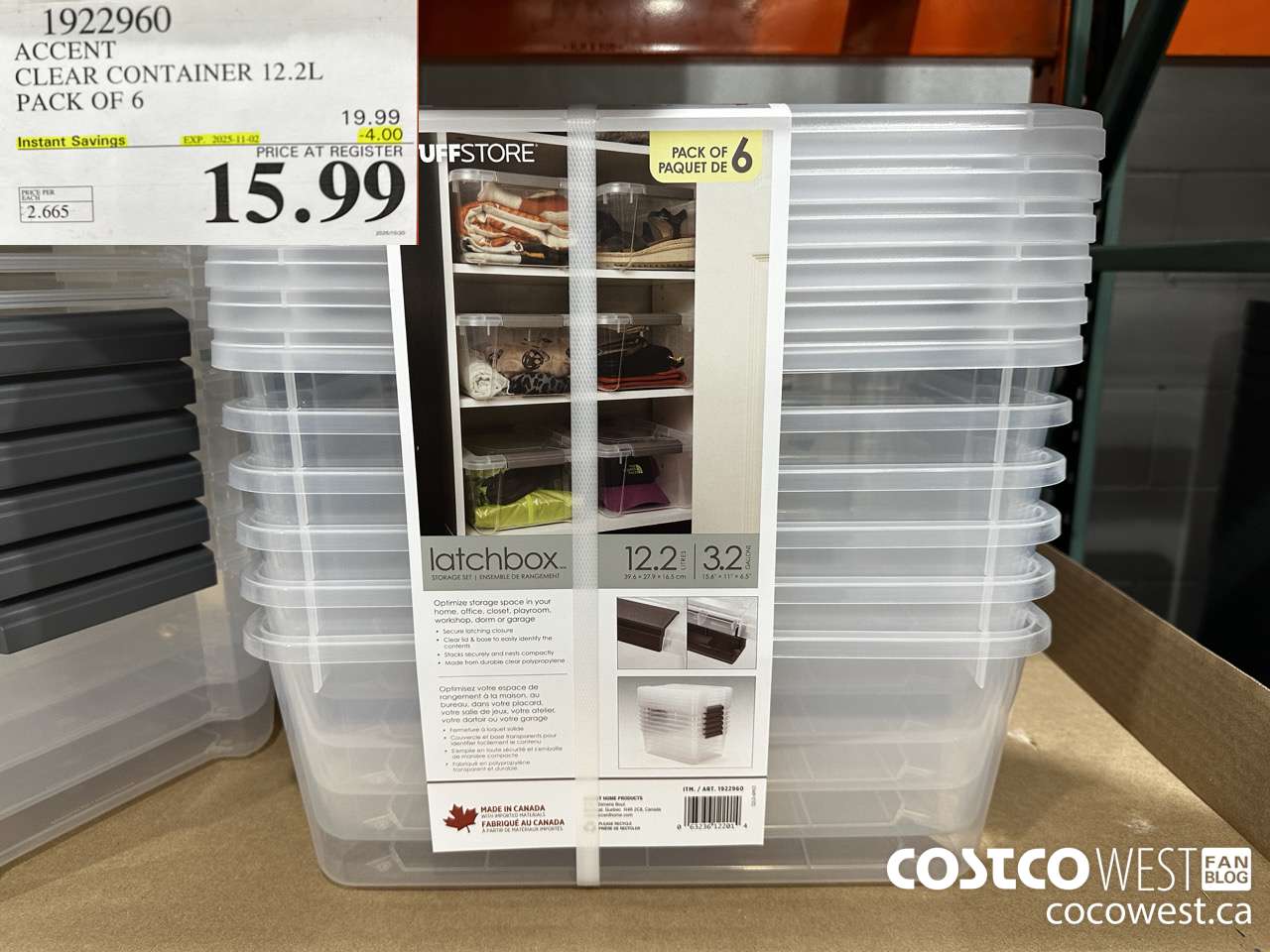 1922960 ACCENT CLEAR CONTAINER 12.2L PACK OF 6 ($4.00 INSTANT SAVINGS EXPIRES ON 2025-11-02) $15.99