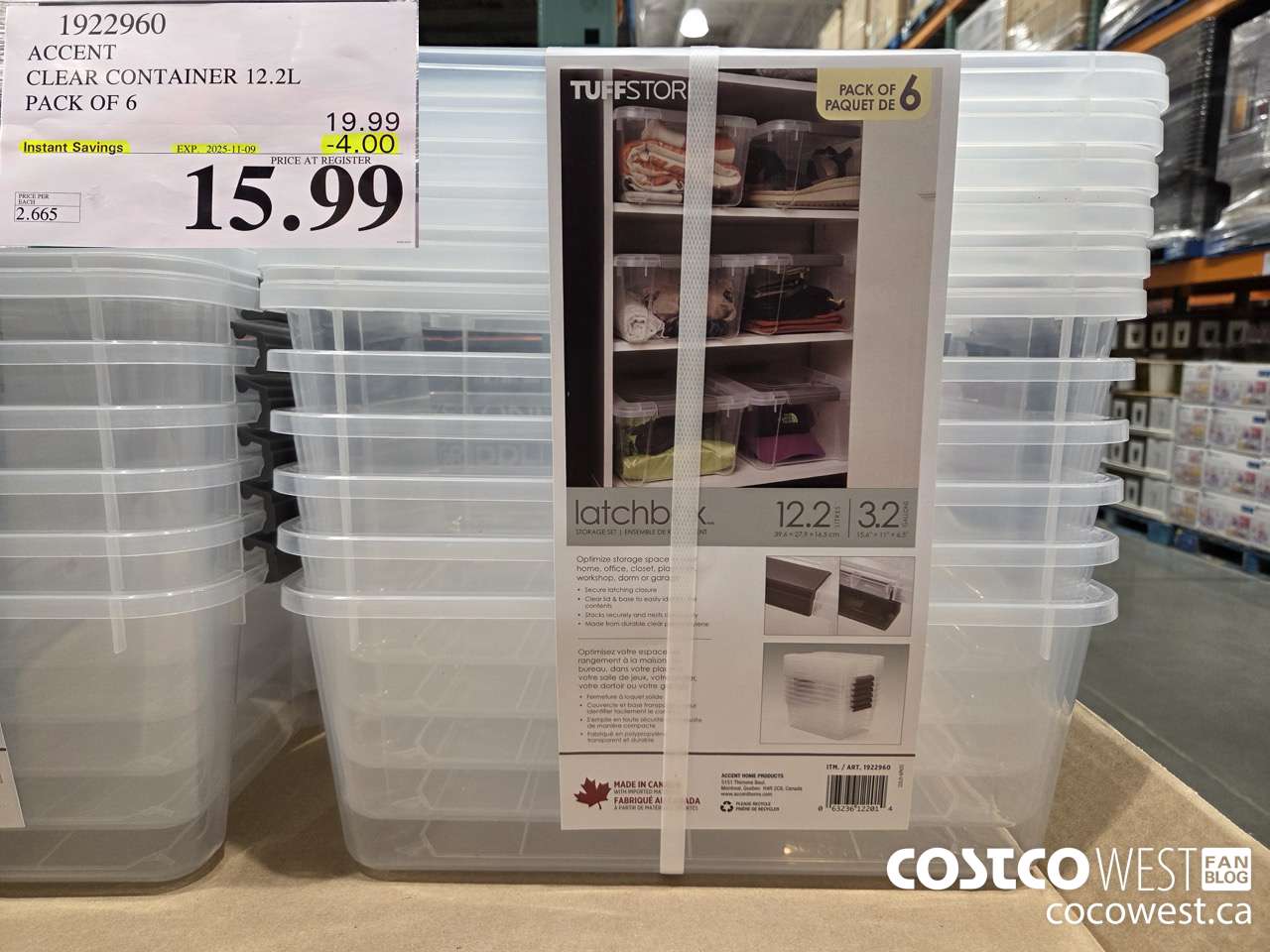 1922960 ACCENT CLEAR CONTAINER 12.2L PACK OF 6 ($4.00 INSTANT SAVINGS EXPIRES ON 2025-11-09) $15.99