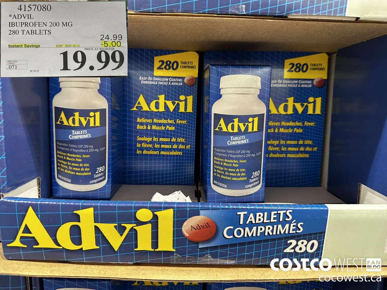 4157080 ADVIL 280 TABLETS IBUPROFEN 200MG ($5.00 INSTANT SAVINGS EXPIRES ON 2025-10-12) $19.99