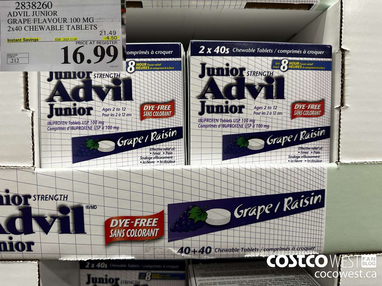 2838260 ADVIL CHEWABLE TABLET GRAPE FLAVOUR 100 MG 2 X 40'S CHEWABLE TABS ($4.50 INSTANT SAVINGS EXPIRES ON 2025-11-09) $16.99