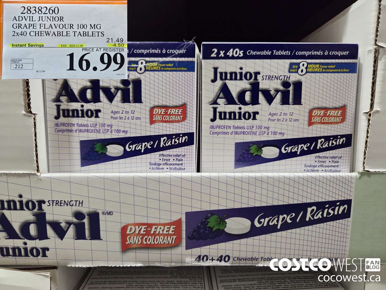 2838260 ADVIL CHEWABLE TABLET GRAPE FLAVOUR 100 MG 2 X 40'S CHEWABLE TABS ($4.50 INSTANT SAVINGS EXPIRES ON 2025-11-09) $16.99