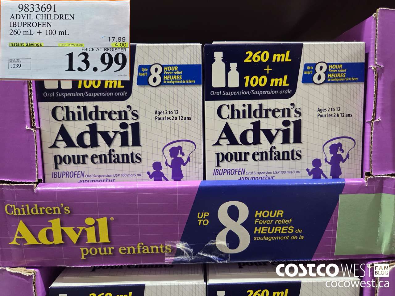 9833691 ADVIL CHILDREN IBUPROFEN 260+100ML ($4.00 INSTANT SAVINGS EXPIRES ON 2025-11-09) $13.99