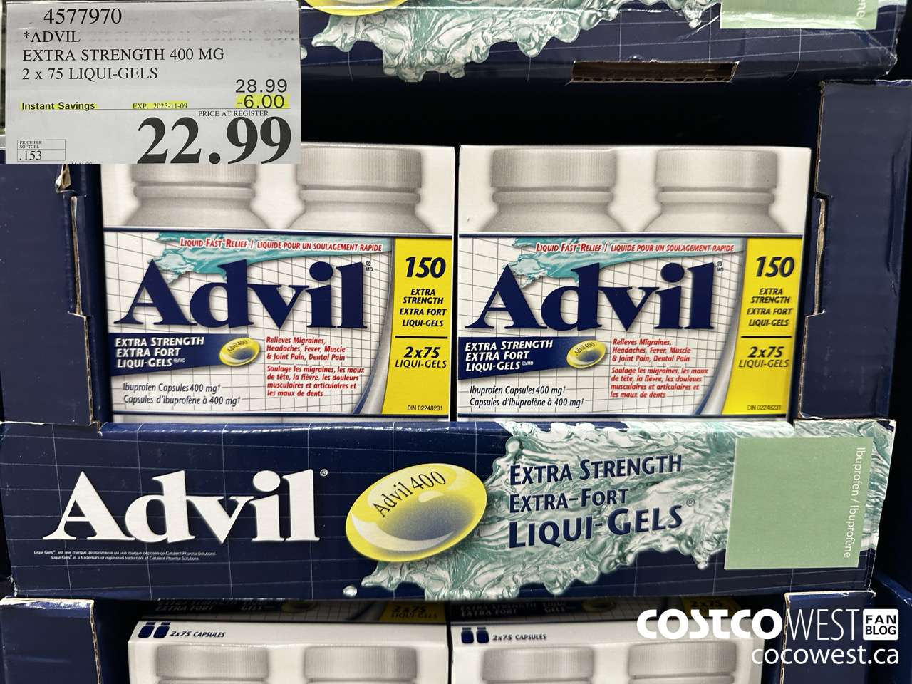 4577970 ADVIL EXTRA STRENGTH 400MG 2 X 75 LIQUI-GELS ($6.00 INSTANT SAVINGS EXPIRES ON 2025-11-09) $22.99