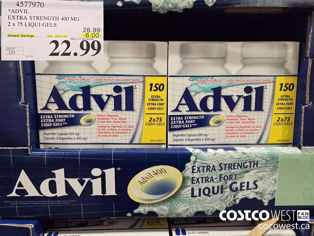 4577970 ADVIL EXTRA STRENGTH 400MG 2 X 75 LIQUI-GELS ($6.00 INSTANT SAVINGS EXPIRES ON 2025-11-09) $22.99