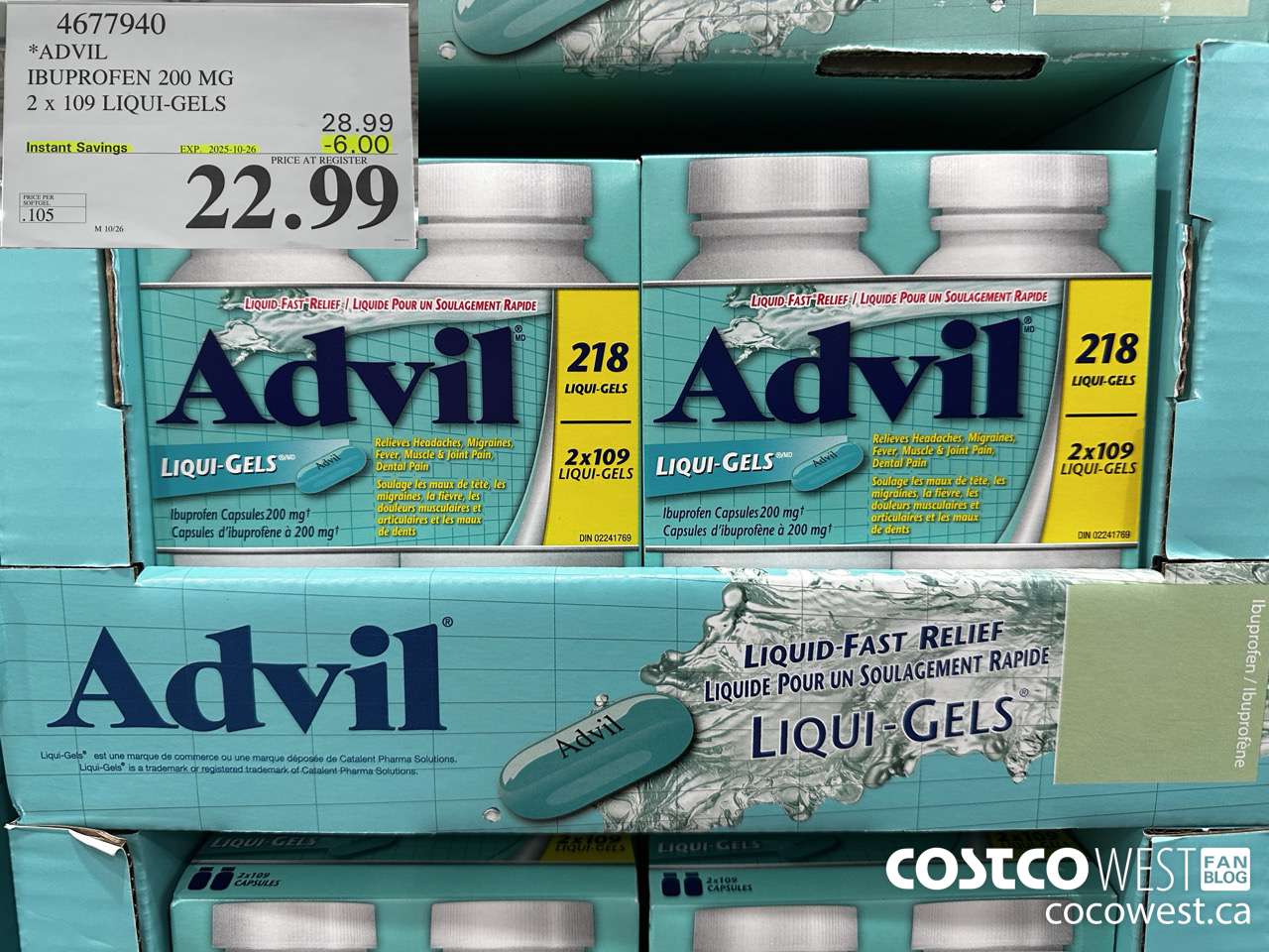 4677940 ADVIL IBUPROFEN 200MG 2 X 109 LIQUI-GELS ($6.00 INSTANT SAVINGS EXPIRES ON 2025-10-26) $22.99