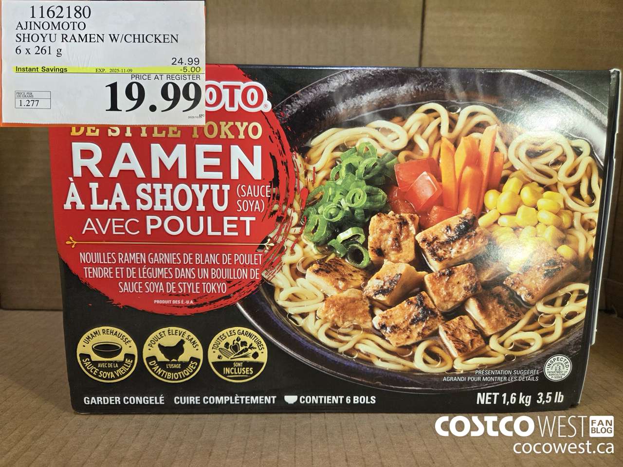 1162180 AJINOMOTO SHOYU RAMEN W/CHICKEN 6 x 261 g ($5.00 INSTANT SAVINGS EXPIRES ON 2025-11-09) $19.99