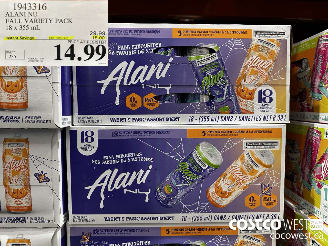 1943316 ALANI NU FALL VARIETY PACK 18 X 355ML ($15.00 INSTANT SAVINGS EXPIRES ON 2025-11-02) $14.99