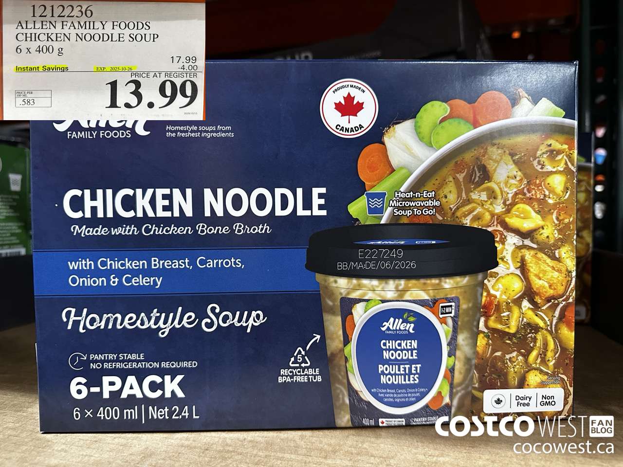 1212236 ALLEN FAMILY FOODS CHICKEN NOODLE SOUP 6 X 400G ($4.00 INSTANT SAVINGS EXPIRES ON 2025-10-26) $13.99