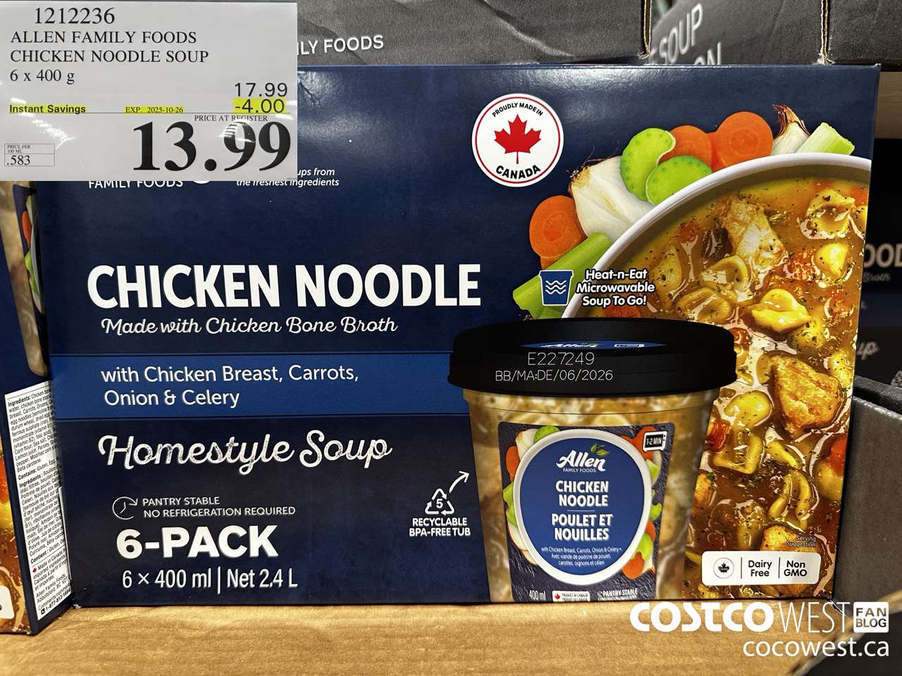 1212236 ALLEN FAMILY FOODS CHICKEN NOODLE SOUP 6 X 400G ($4.00 INSTANT SAVINGS EXPIRES ON 2025-10-26) $13.99