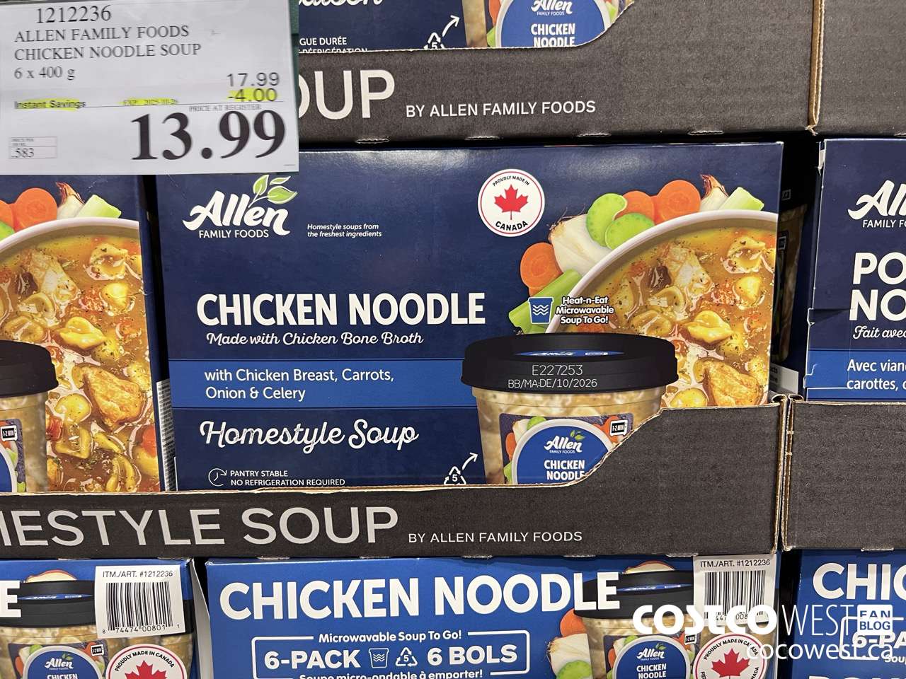 1212236 ALLEN FAMILY FOODS CHICKEN NOODLE SOUP 6 X 400G ($4.00 INSTANT SAVINGS EXPIRES ON 2025-10-26) $13.99