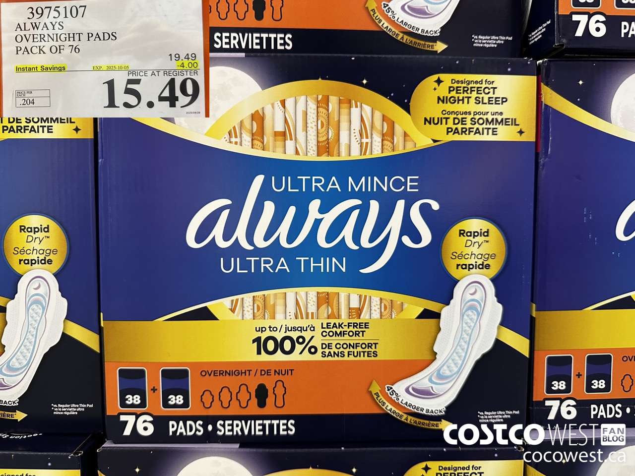 3975107 ALWAYS OVERNIGHT PADS PACK OF 76 ($4.00 INSTANT SAVINGS EXPIRES ON 2025-10-05) $15.49