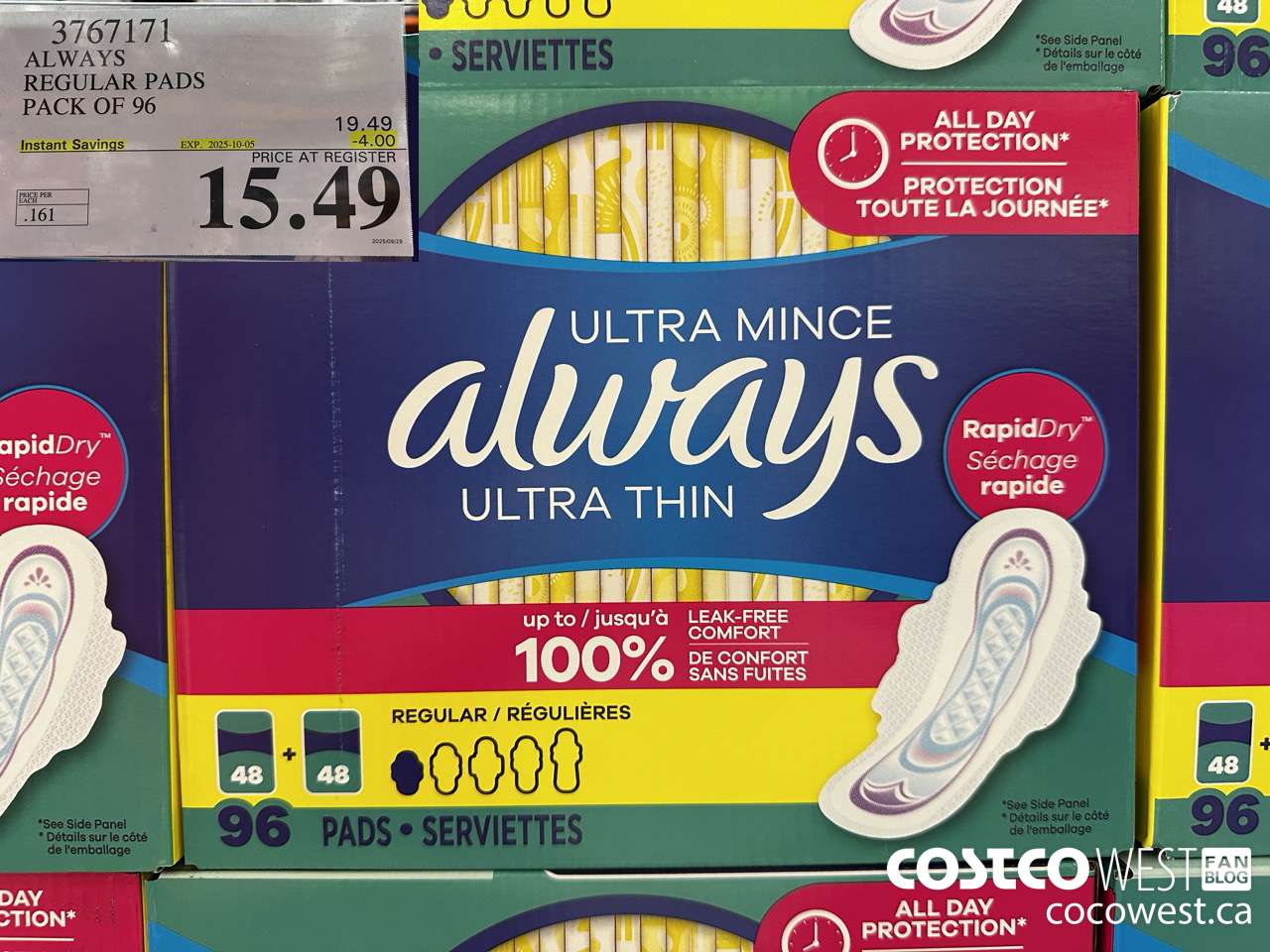 3767171 ALWAYS REGULAR PADS PACK OF 96 ($4.00 INSTANT SAVINGS EXPIRES ON 2025-10-05) $15.49