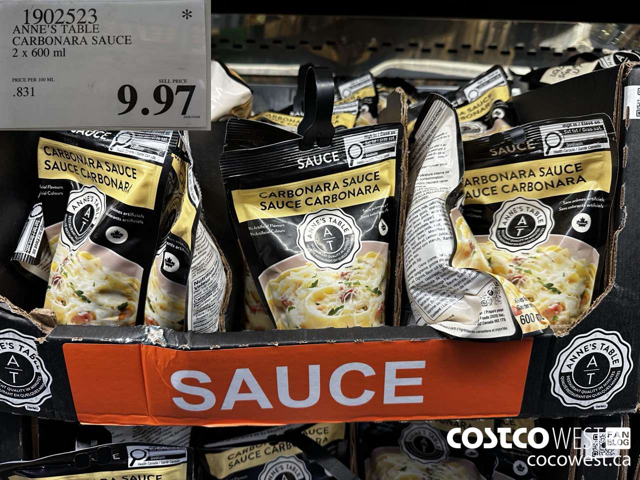 1902523 ANNE'S TABLE CARBONARA SAUCE 2 X 600ML $9.97