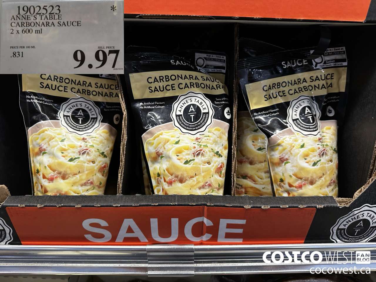 1902523 ANNE'S TABLE CARBONARA SAUCE 2 X 600ML $9.97