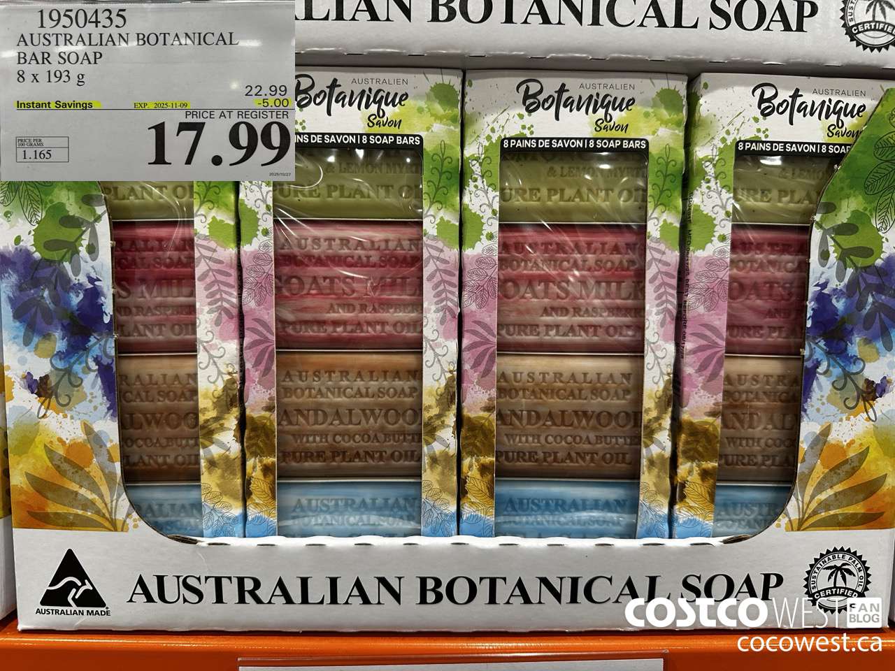 1950435 AUSTRALIAN BOTANICAL BAR SOAP 8 X 193G ($5.00 INSTANT SAVINGS EXPIRES ON 2025-11-09) $17.99