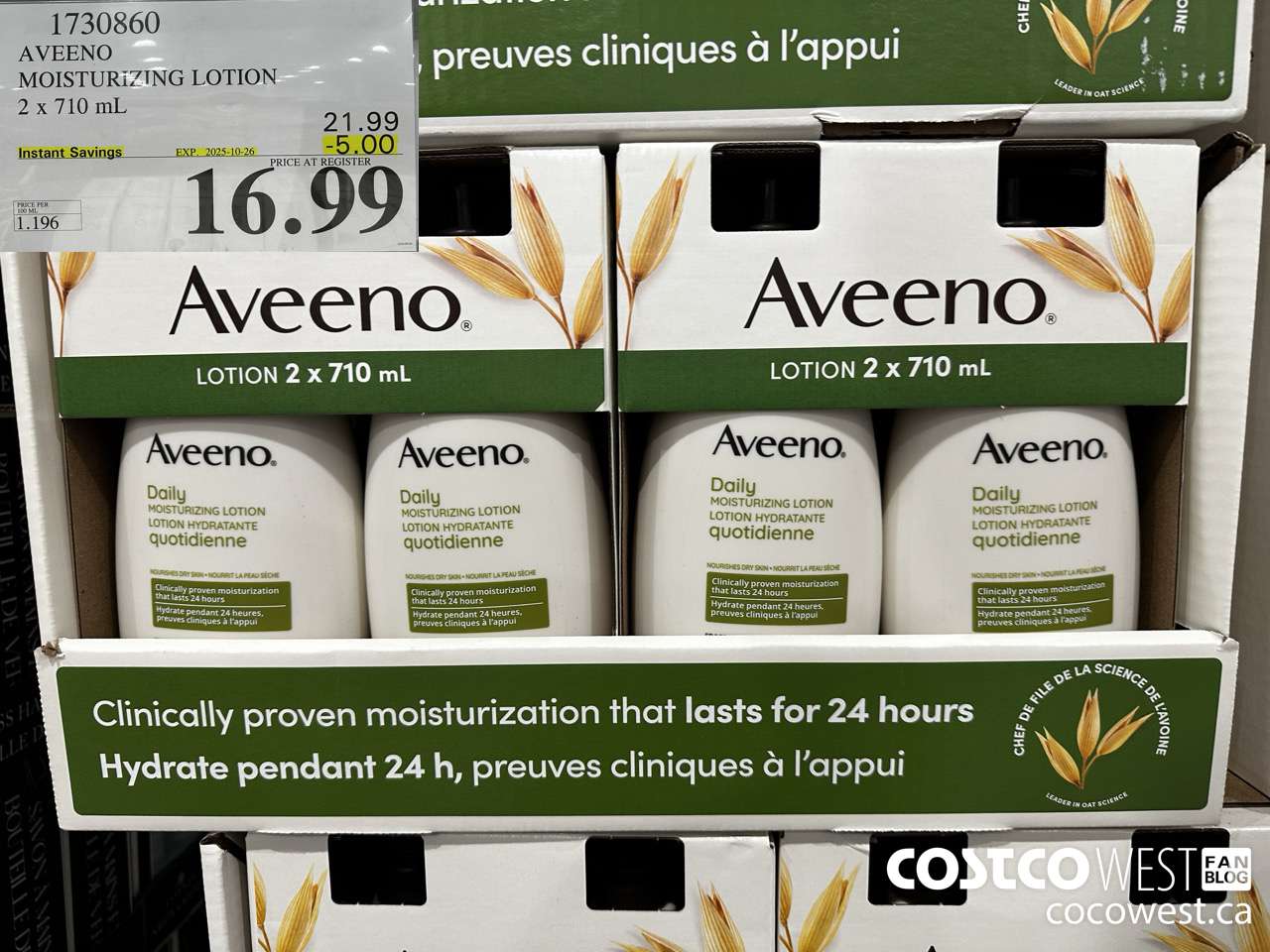 1730860 AVEENO MOISTURIZING LOTION 2 X 710ML ($5.00 INSTANT SAVINGS EXPIRES ON 2025-10-26) $16.99