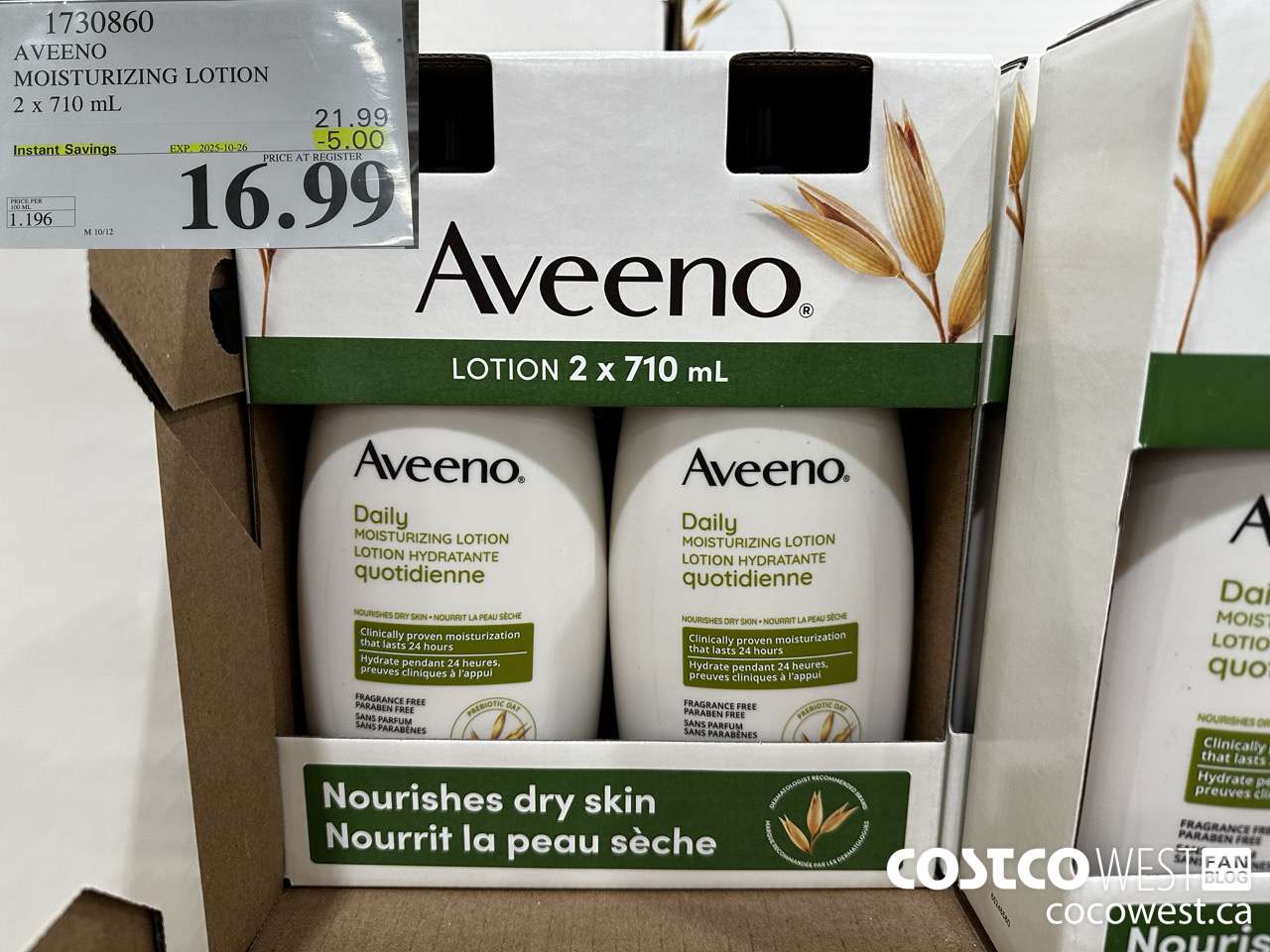1730860 AVEENO MOISTURIZING LOTION 2 X 710ML ($5.00 INSTANT SAVINGS EXPIRES ON 2025-10-26) $16.99