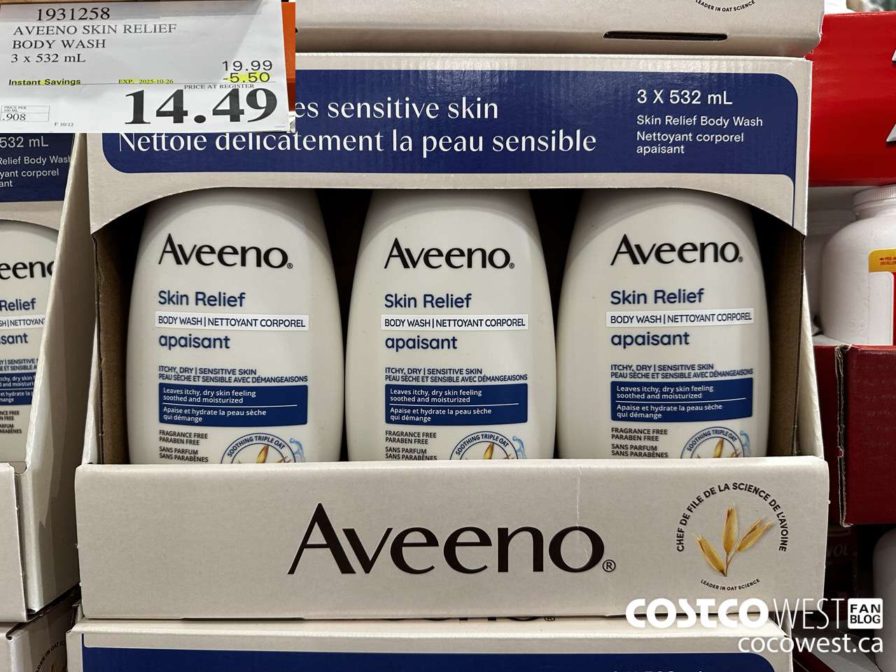 1931258 AVEENO SKIN RELIEF BODY WASH 3 X 532ML ($5.50 INSTANT SAVINGS EXPIRES ON 2025-10-26) $14.49