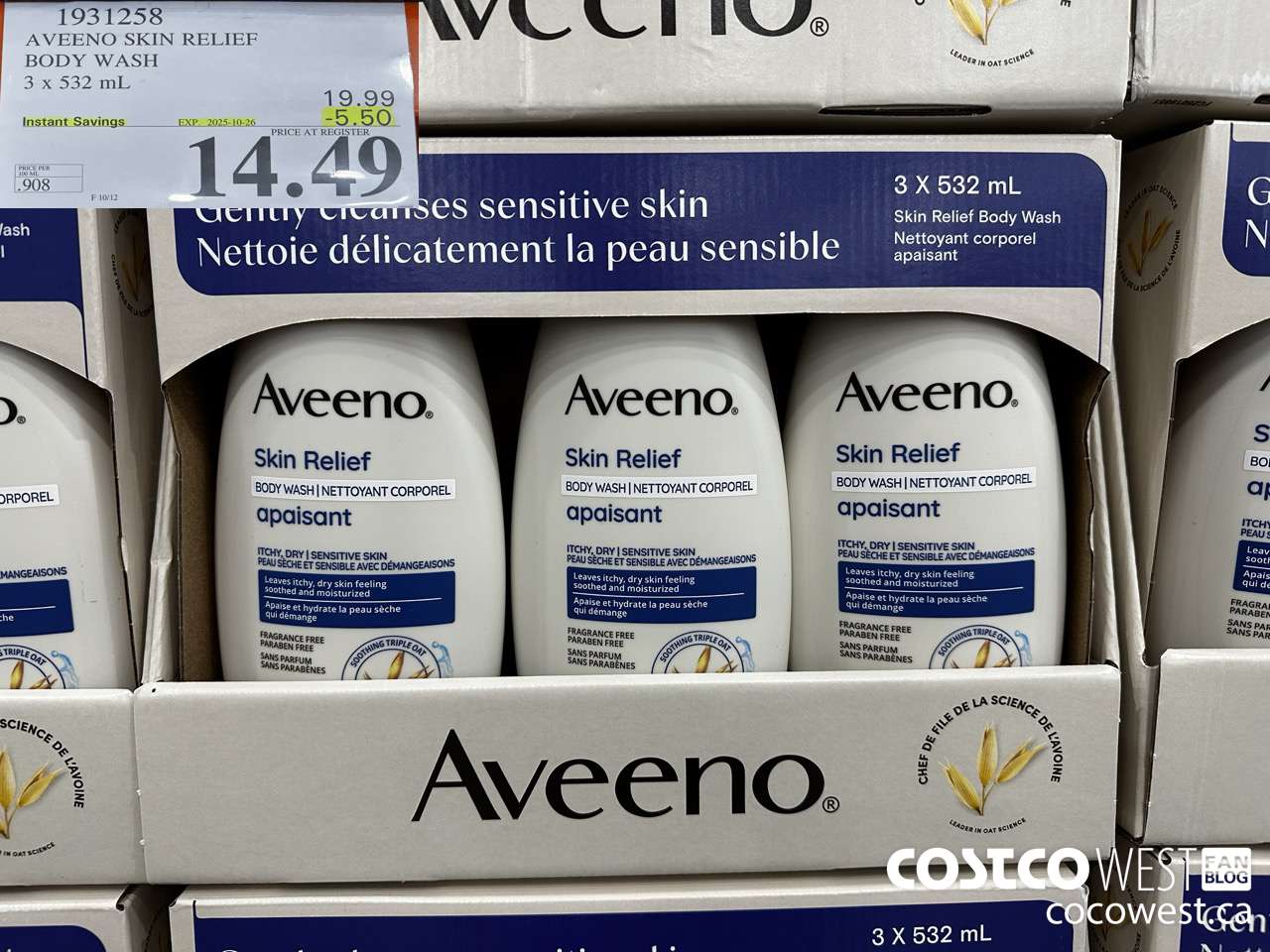 1931258 AVEENO SKIN RELIEF BODY WASH 3 X 532ML ($5.50 INSTANT SAVINGS EXPIRES ON 2025-10-26) $14.49