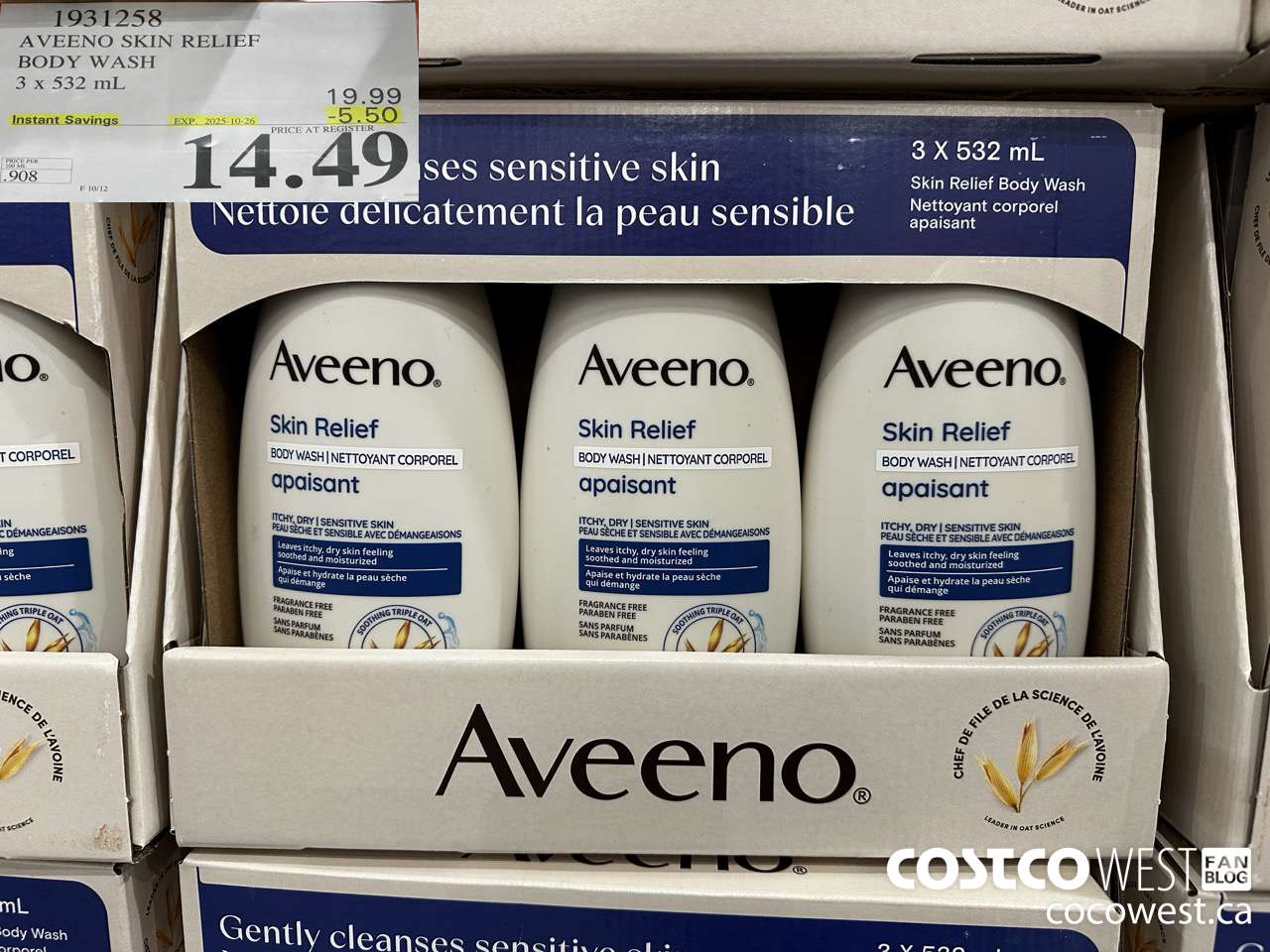 1931258 AVEENO SKIN RELIEF BODY WASH 3 X 532ML ($5.50 INSTANT SAVINGS EXPIRES ON 2025-10-26) $14.49