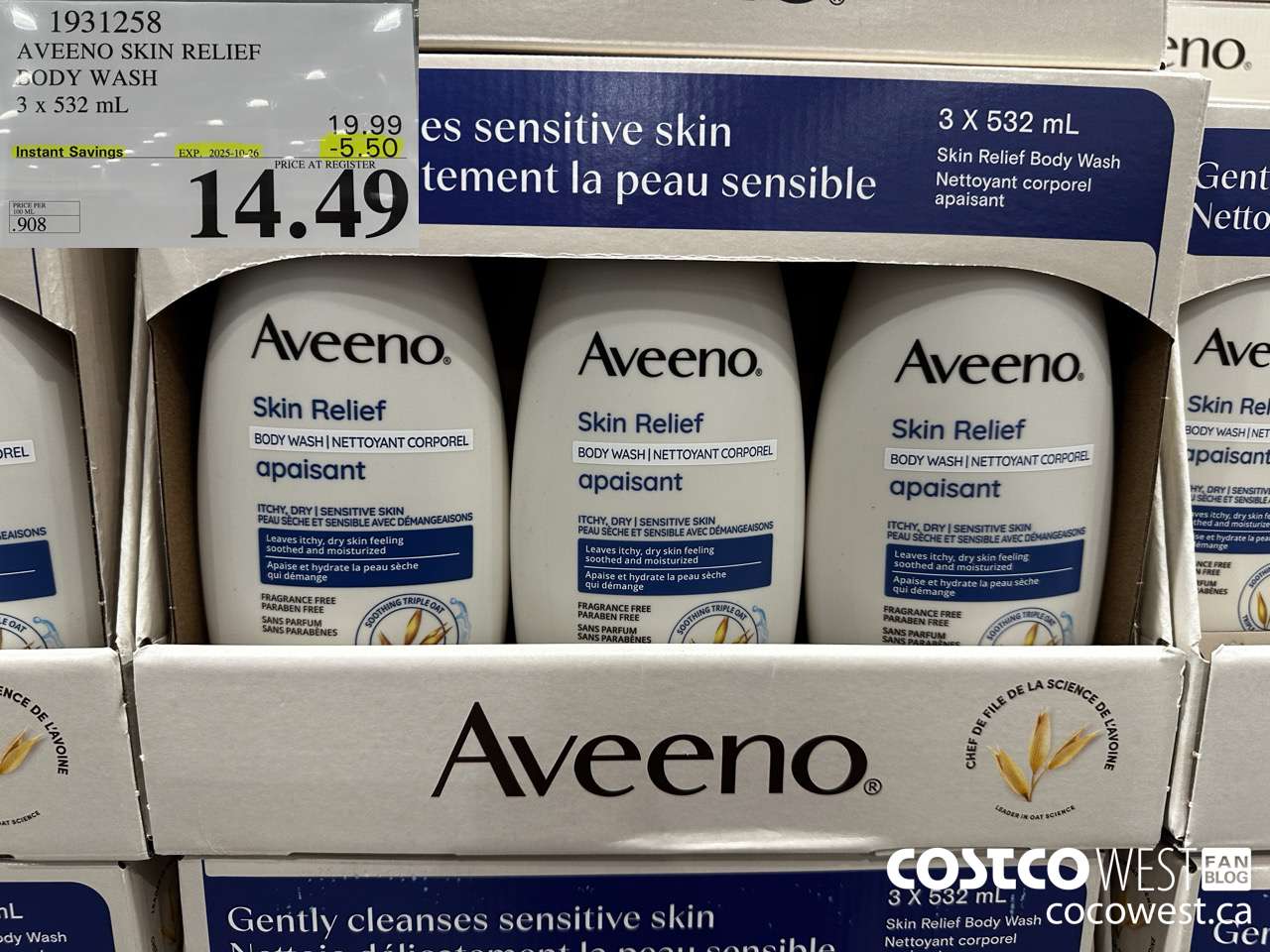 1931258 AVEENO SKIN RELIEF BODY WASH 3 X 532ML ($5.50 INSTANT SAVINGS EXPIRES ON 2025-10-26) $14.49