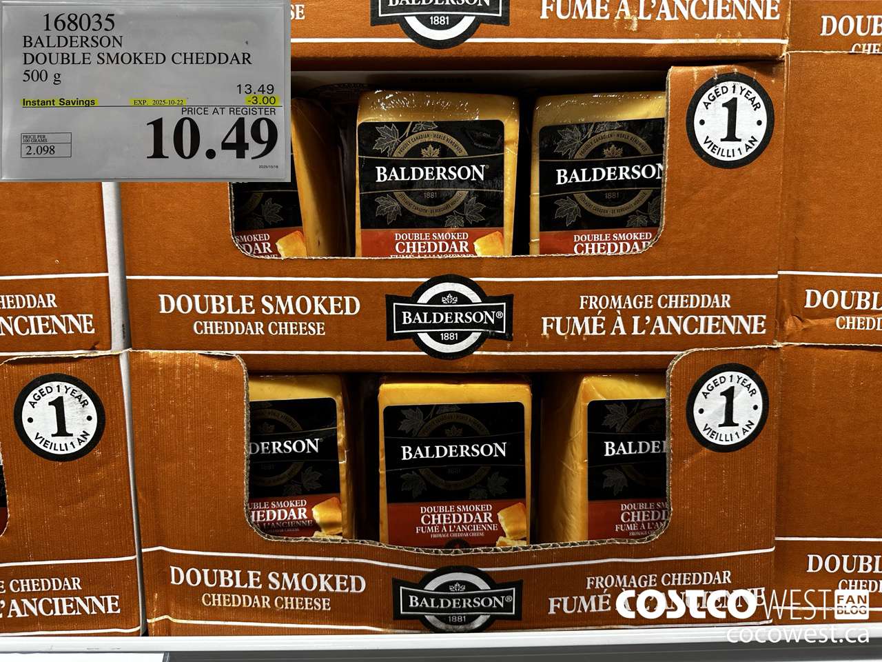 168035 BALDERSON DOUBLE SMOKED CHEDDAR 500 g ($3.00 INSTANT SAVINGS EXPIRES ON 2025-10-22) $10.49