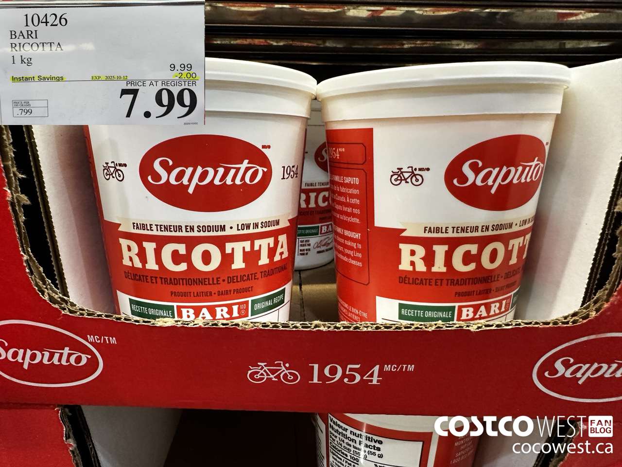10426 BARI RICOTTA 1 kg ($2.00 INSTANT SAVINGS EXPIRES ON 2025-10-12) $7.99