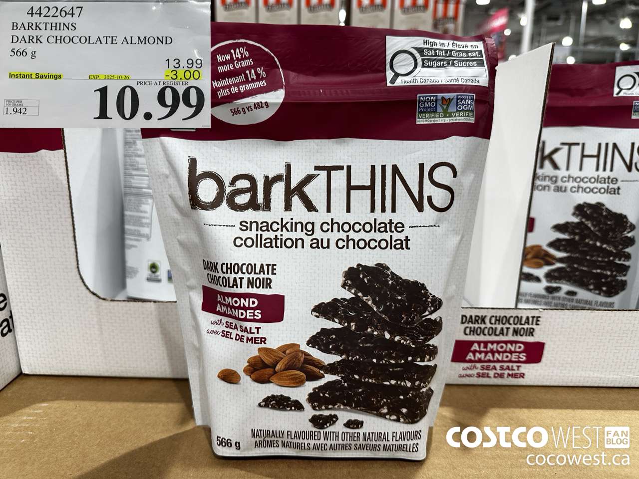 4422647 BARKTHINS DARK CHOCOLATE ALMOND 566G ($3.00 INSTANT SAVINGS EXPIRES ON 2025-10-26) $10.99