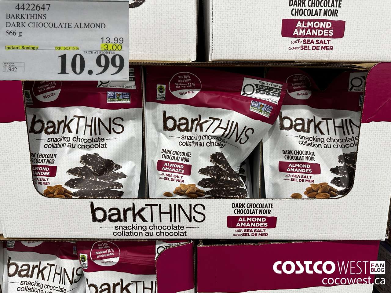 4422647 BARKTHINS DARK CHOCOLATE ALMOND 566G ($3.00 INSTANT SAVINGS EXPIRES ON 2025-10-26) $10.99