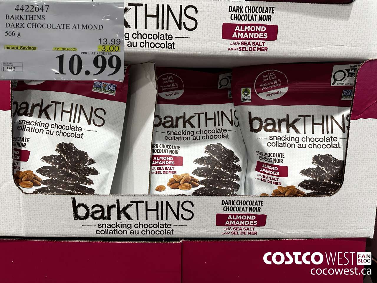 4422647 BARKTHINS DARK CHOCOLATE ALMOND 566G ($3.00 INSTANT SAVINGS EXPIRES ON 2025-10-26) $10.99