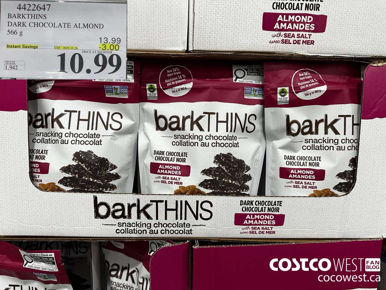 4422647 BARKTHINS DARK CHOCOLATE ALMOND 566G ($3.00 INSTANT SAVINGS EXPIRES ON 2025-10-26) $10.99