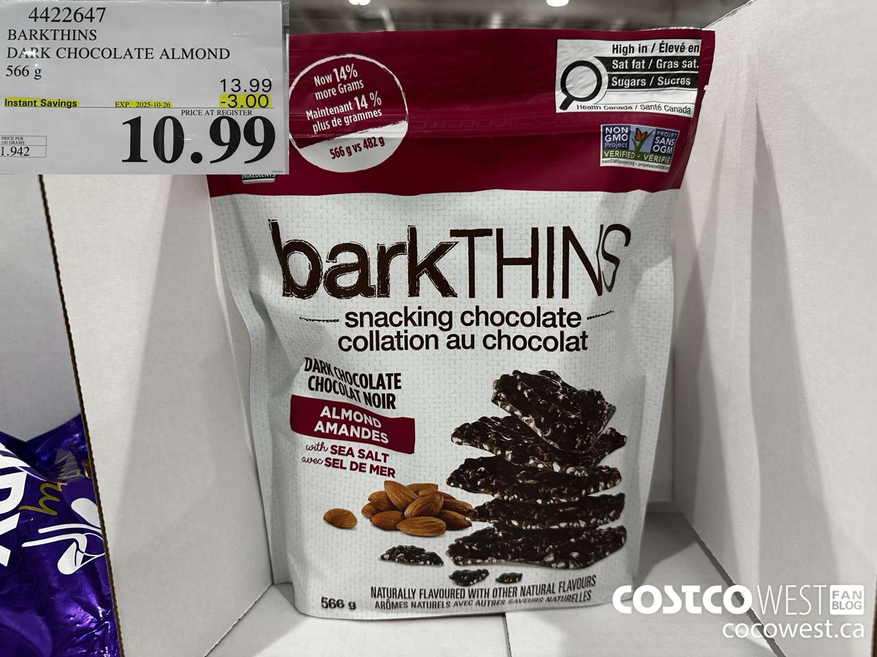 4422647 BARKTHINS DARK CHOCOLATE ALMOND 566G ($3.00 INSTANT SAVINGS EXPIRES ON 2025-10-26) $10.99