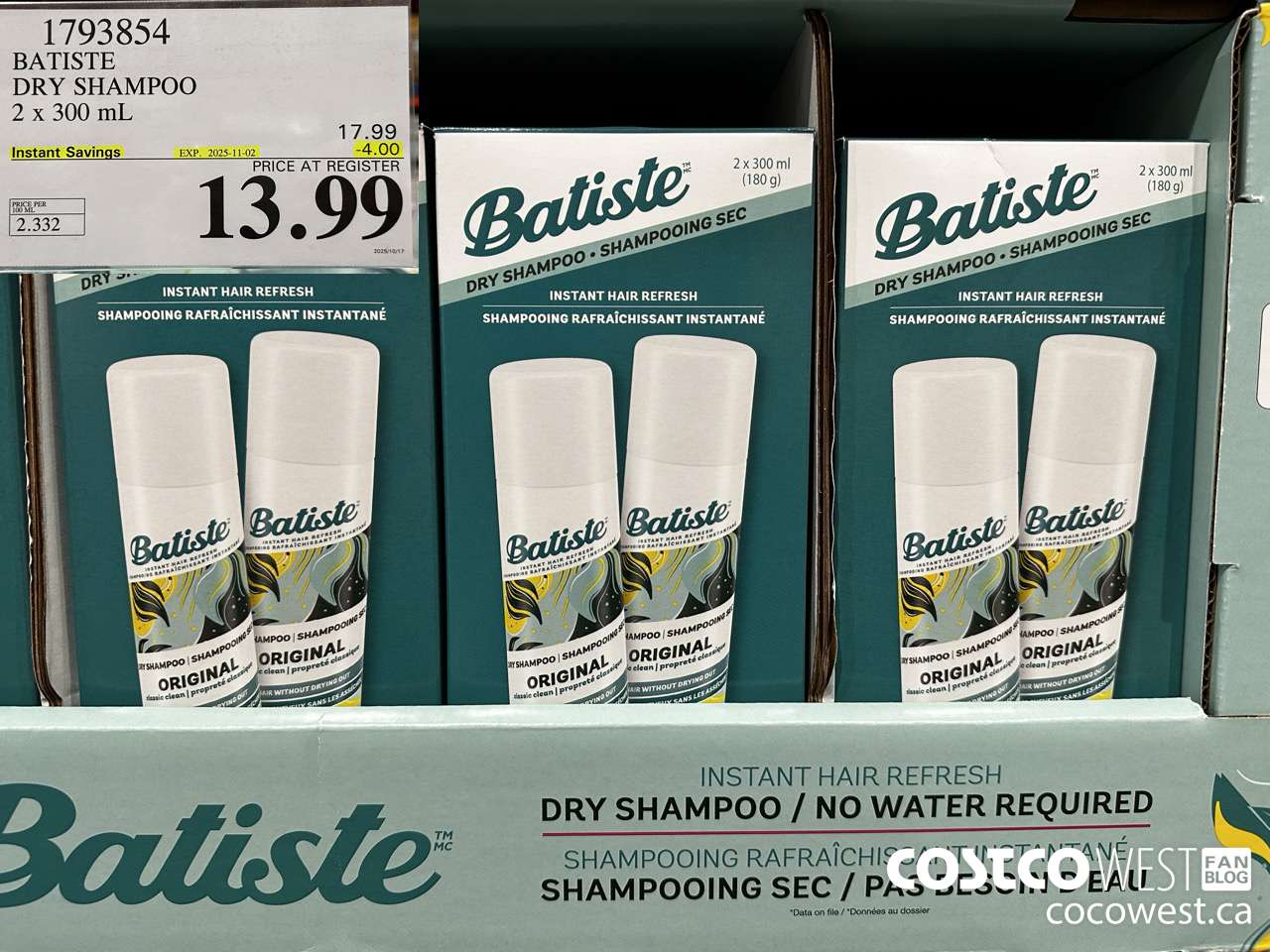 1793854 BATISTE DRY SHAMPOO 2 X 300ML ($4.00 INSTANT SAVINGS EXPIRES ON 2025-11-02) $13.99