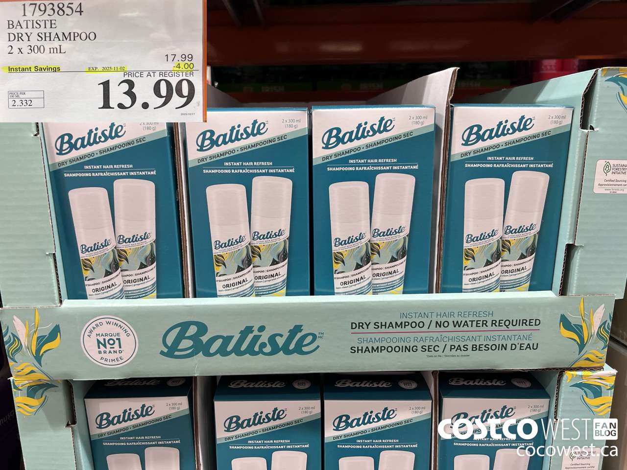 1793854 BATISTE DRY SHAMPOO 2 X 300ML ($4.00 INSTANT SAVINGS EXPIRES ON 2025-11-02) $13.99