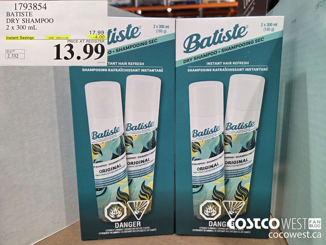 1793854 BATISTE DRY SHAMPOO 2 X 300ML ($4.00 INSTANT SAVINGS EXPIRES ON 2025-11-02) $13.99