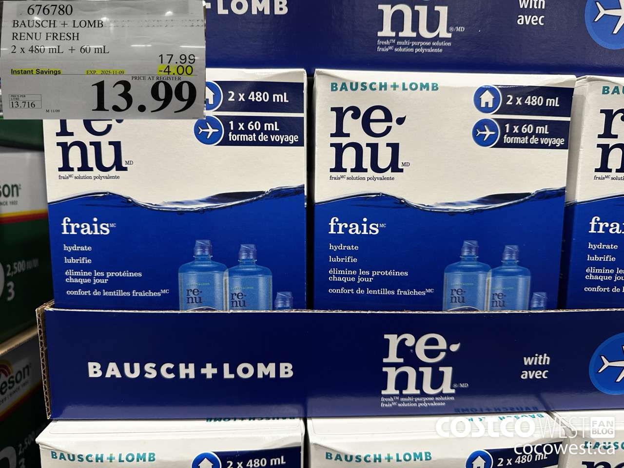 676780 BAUSCH & LOMB RENU FRESH 2 X 480ML + 60ML ($4.00 INSTANT SAVINGS EXPIRES ON 2025-11-09) $13.99