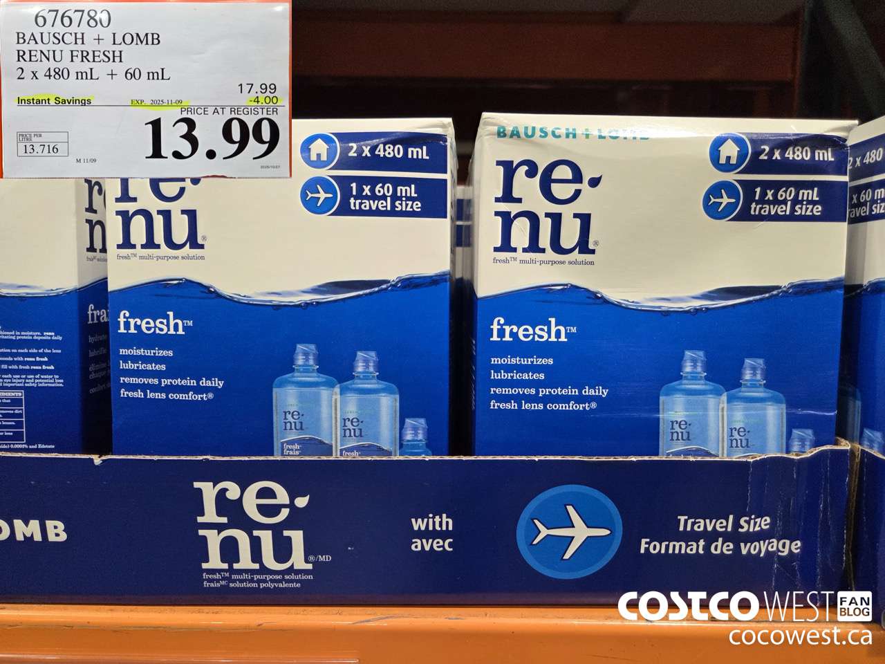 676780 BAUSCH & LOMB RENU FRESH 2 X 480ML + 60ML ($4.00 INSTANT SAVINGS EXPIRES ON 2025-11-09) $13.99