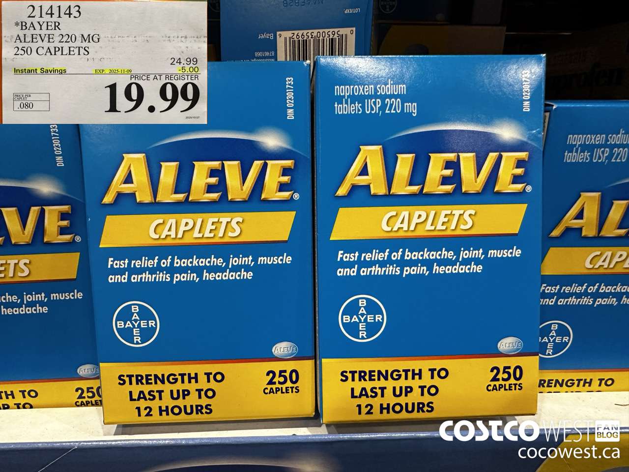 214143 BAYER ALEVE 220 MG 250 CAPLETS ($5.00 INSTANT SAVINGS EXPIRES ON 2025-11-09) $19.99
