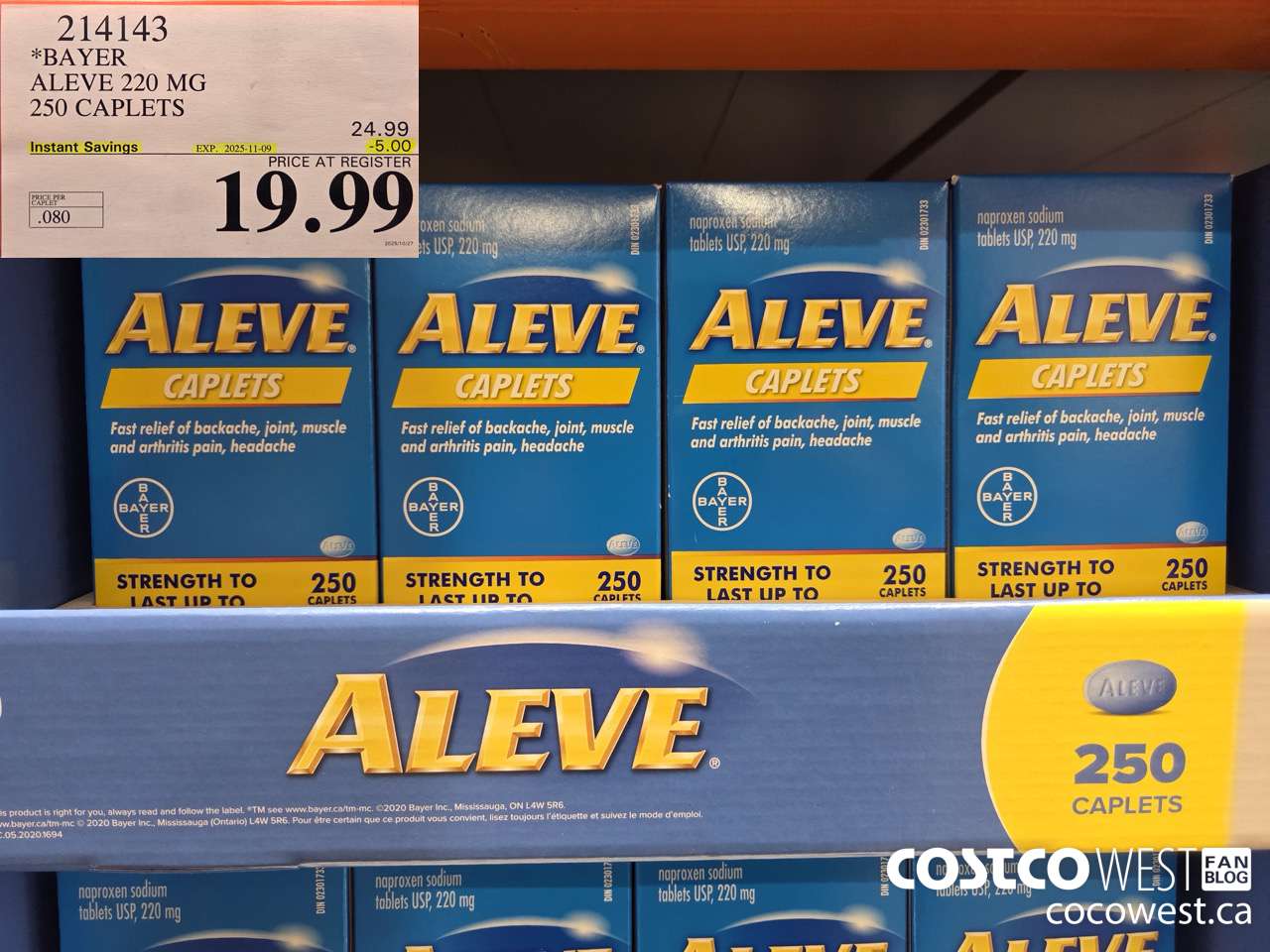 214143 BAYER ALEVE 220 MG 250 CAPLETS ($5.00 INSTANT SAVINGS EXPIRES ON 2025-11-09) $19.99