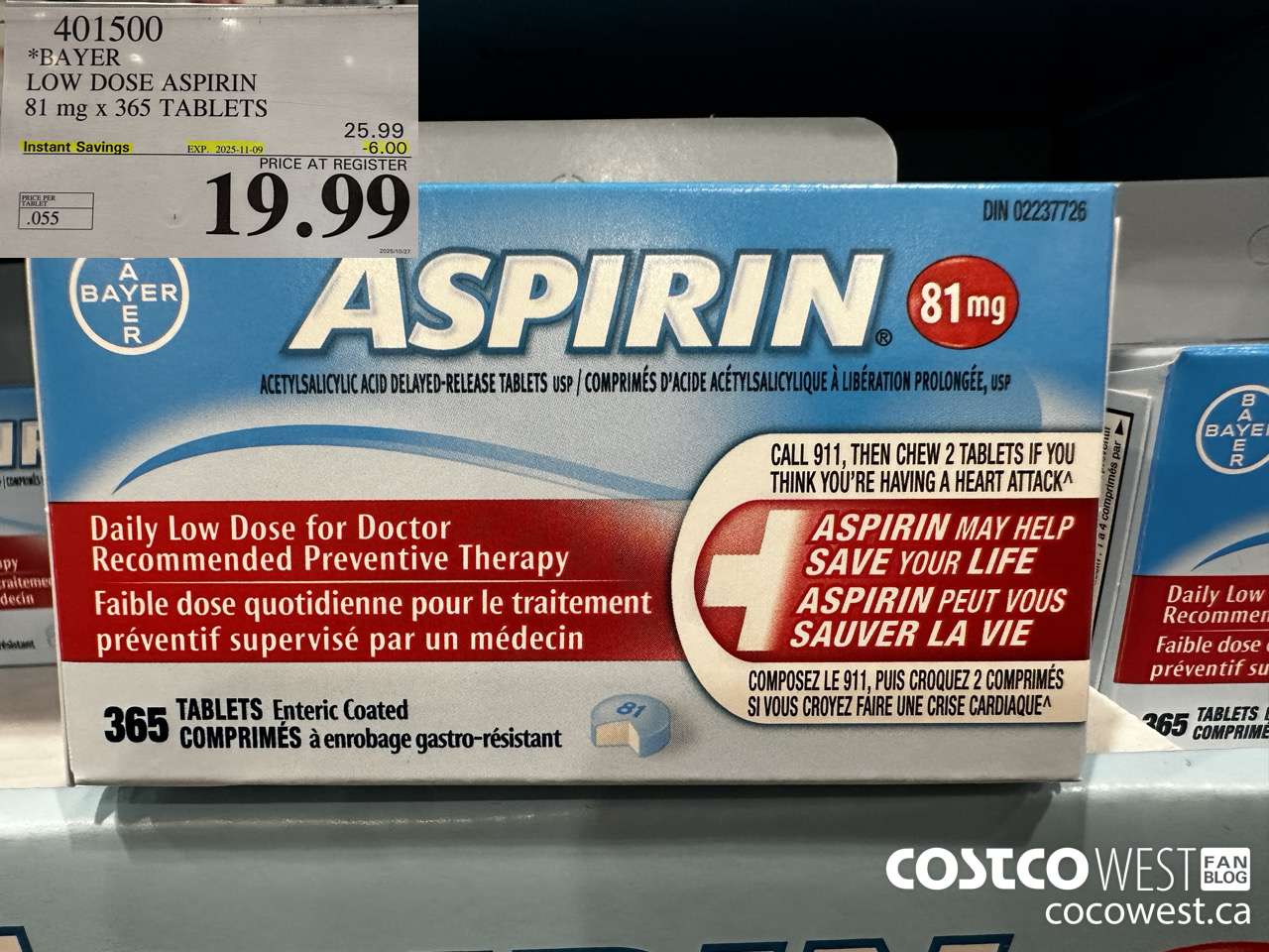 401500 BAYER COATED LOW DOSE ASA 365 81MG TABLETS ($6.00 INSTANT SAVINGS EXPIRES ON 2025-11-09) $19.99