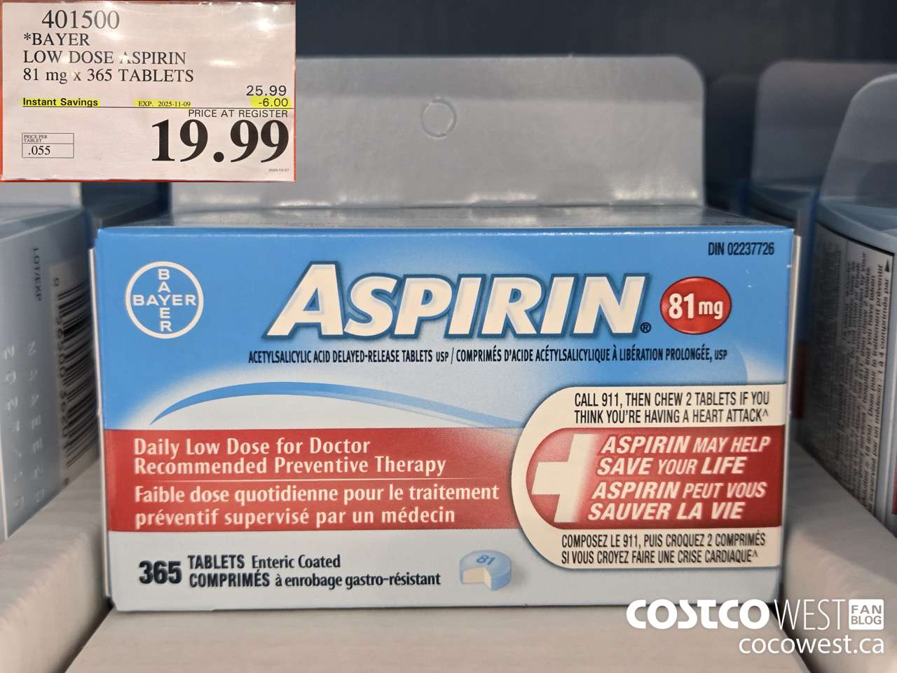 401500 BAYER COATED LOW DOSE ASA 365 81MG TABLETS ($6.00 INSTANT SAVINGS EXPIRES ON 2025-11-09) $19.99