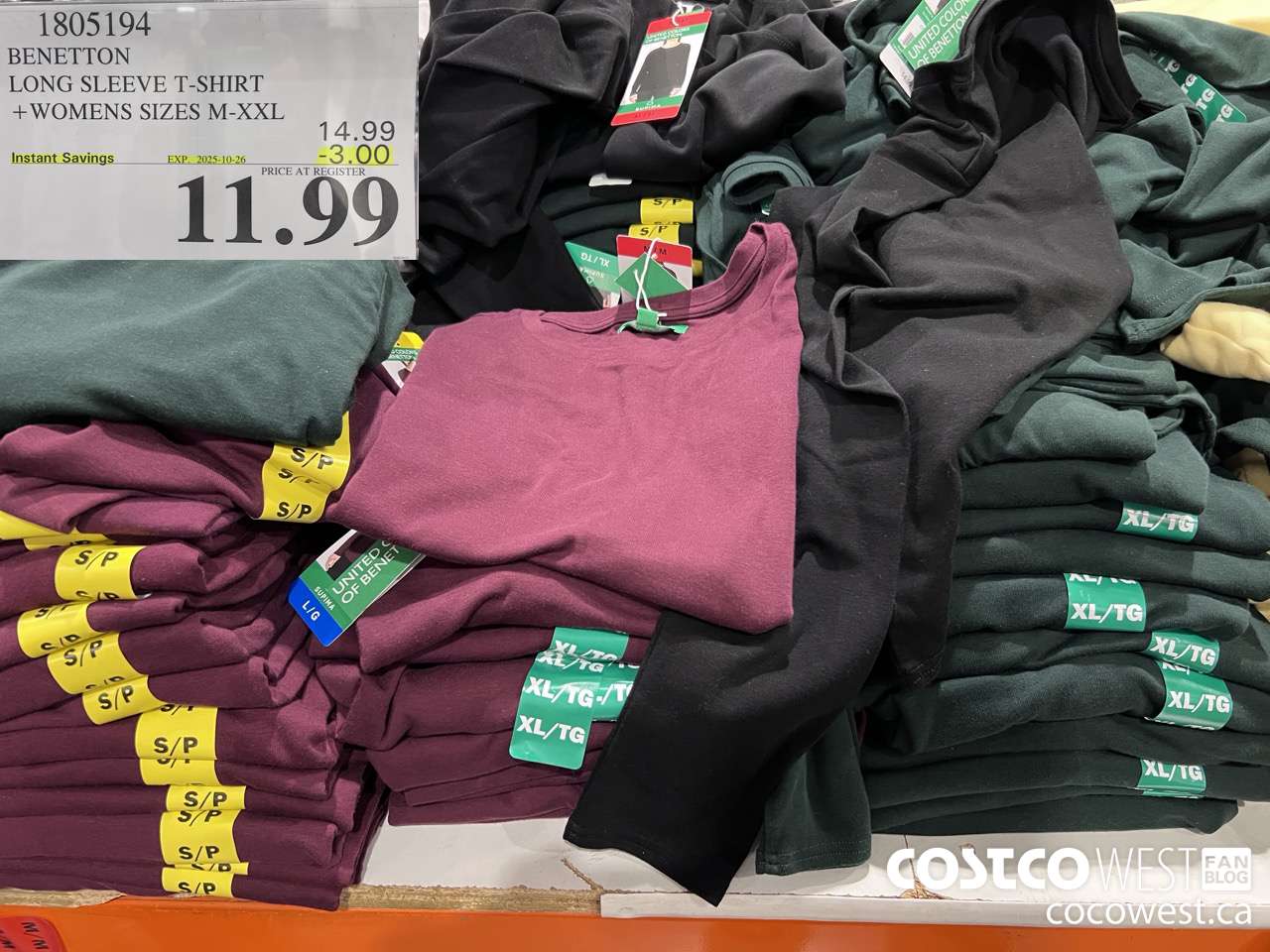 1805194 BENETTON LONG SLEEVE T-SHIRT LADIES SIZES M-XXL ($3.00 INSTANT SAVINGS EXPIRES ON 2025-10-26) $11.99