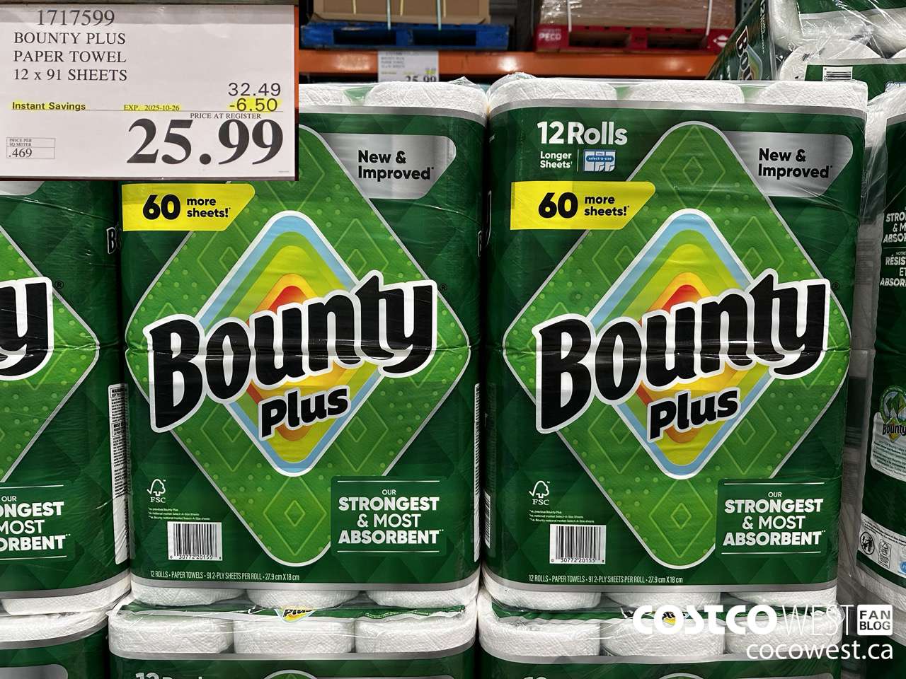 1717599 BOUNTY PLUS PAPER TOWEL 12 X 91 SHEETS ($6.50 INSTANT SAVINGS EXPIRES ON 2025-10-26) $25.99
