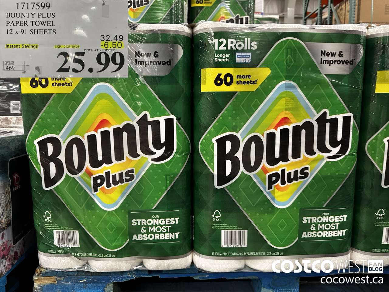 1717599 BOUNTY PLUS PAPER TOWEL 12 X 91 SHEETS ($6.50 INSTANT SAVINGS EXPIRES ON 2025-10-26) $25.99
