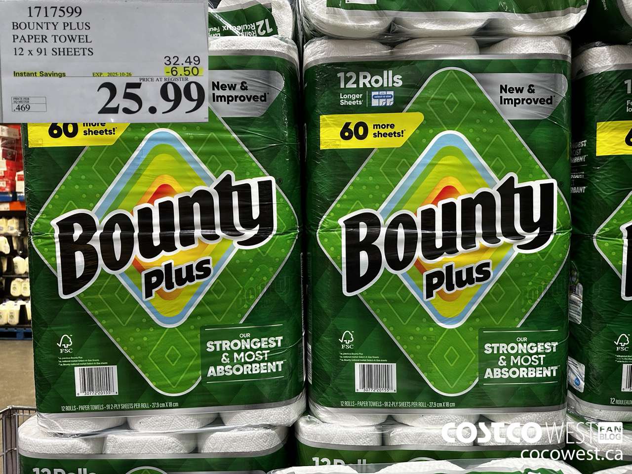1717599 BOUNTY PLUS PAPER TOWEL 12 X 91 SHEETS ($6.50 INSTANT SAVINGS EXPIRES ON 2025-10-26) $25.99
