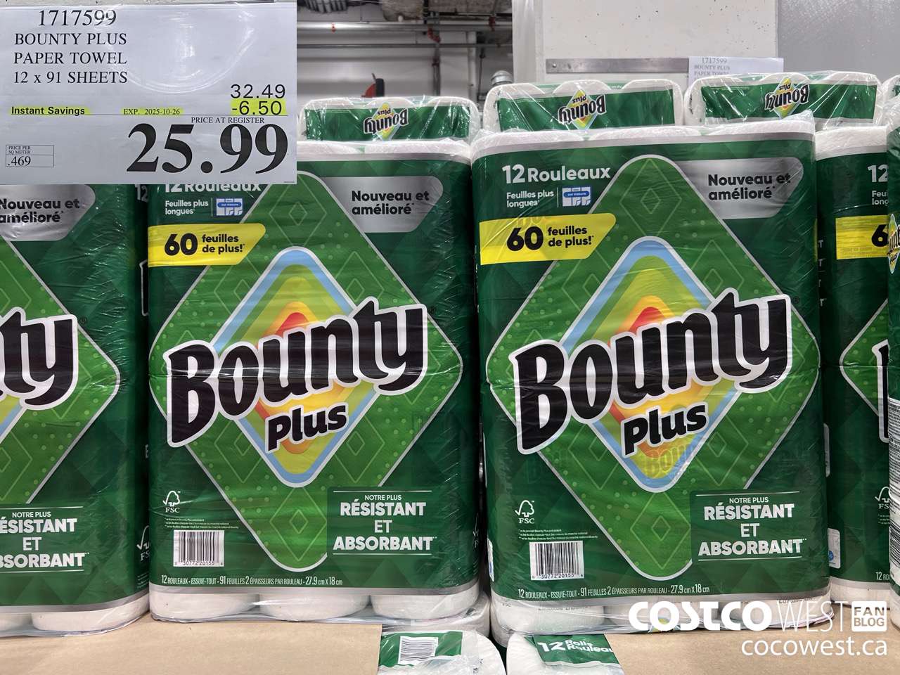 1717599 BOUNTY PLUS PAPER TOWEL 12 X 91 SHEETS ($6.50 INSTANT SAVINGS EXPIRES ON 2025-10-26) $25.99