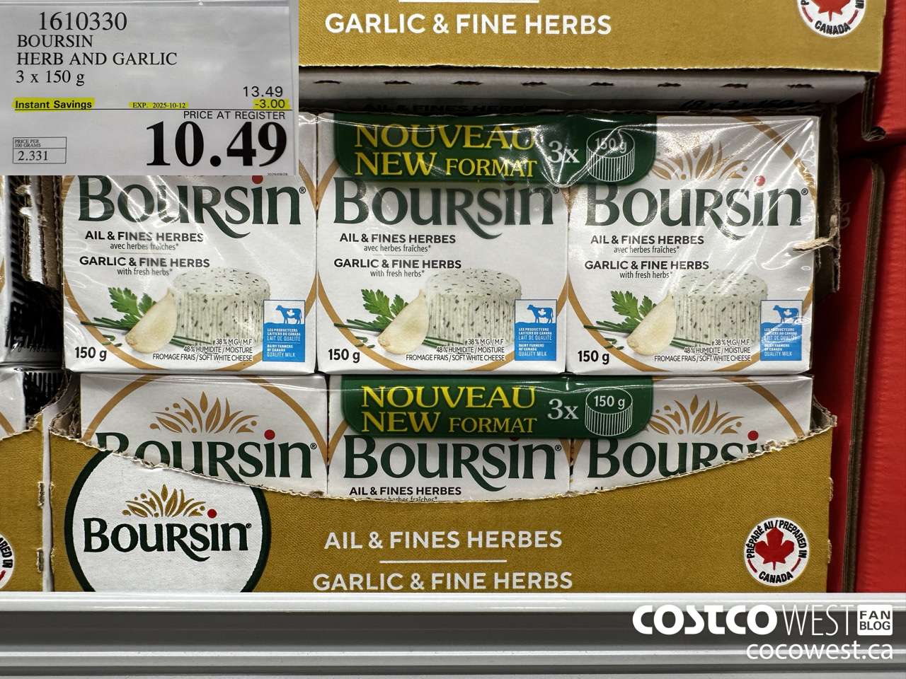 1610330 BOURSIN HERB & GARLIC 3 X 150G ($3.00 INSTANT SAVINGS EXPIRES ON 2025-10-12) $10.49