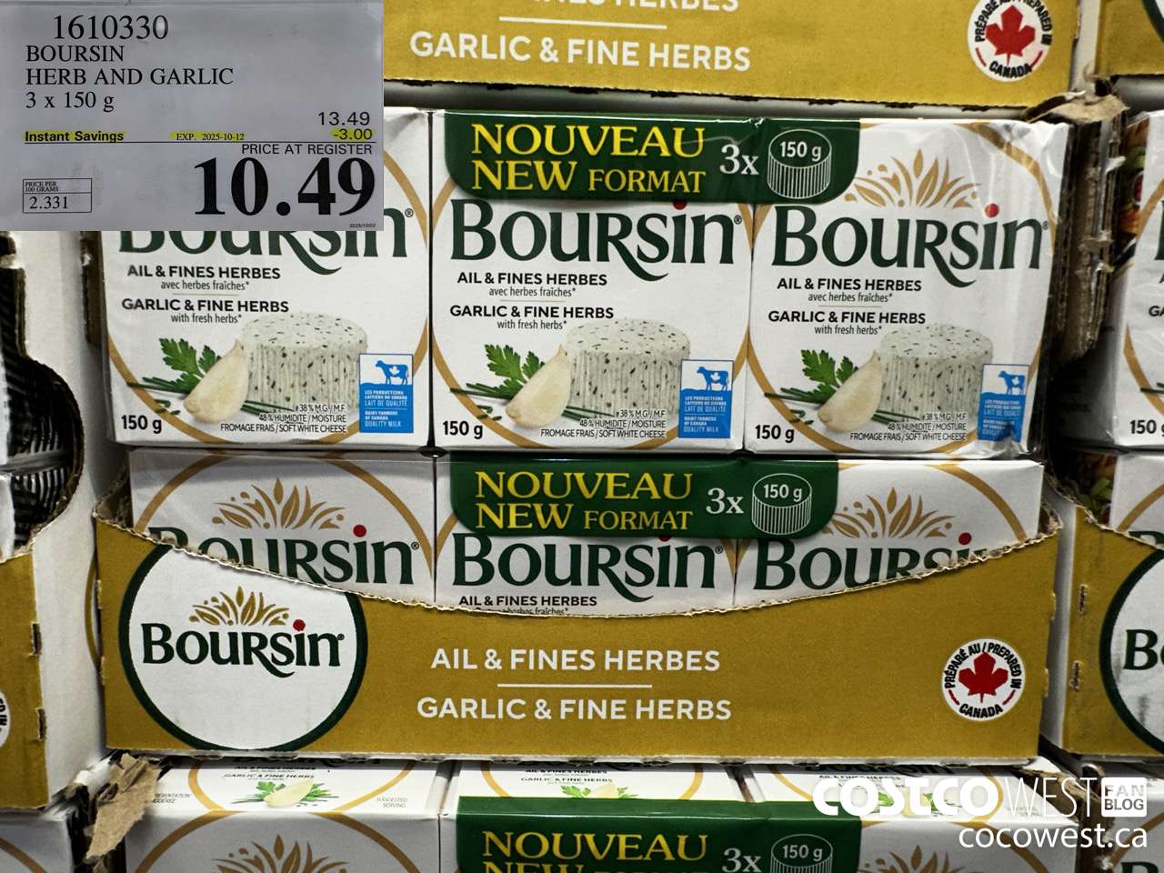 1610330 BOURSIN HERB & GARLIC 3 X 150G ($3.00 INSTANT SAVINGS EXPIRES ON 2025-10-12) $10.49