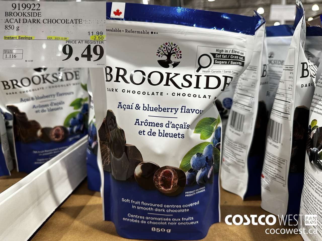 919922 BROOKSIDE ACAI DARK CHOCOLATE 850 g ($2.50 INSTANT SAVINGS EXPIRES ON 2025-11-09) $9.49