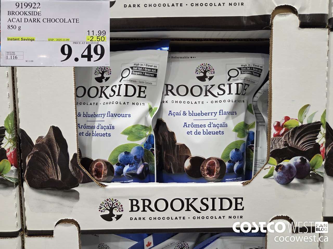 919922 BROOKSIDE ACAI DARK CHOCOLATE 850 g ($2.50 INSTANT SAVINGS EXPIRES ON 2025-11-09) $9.49